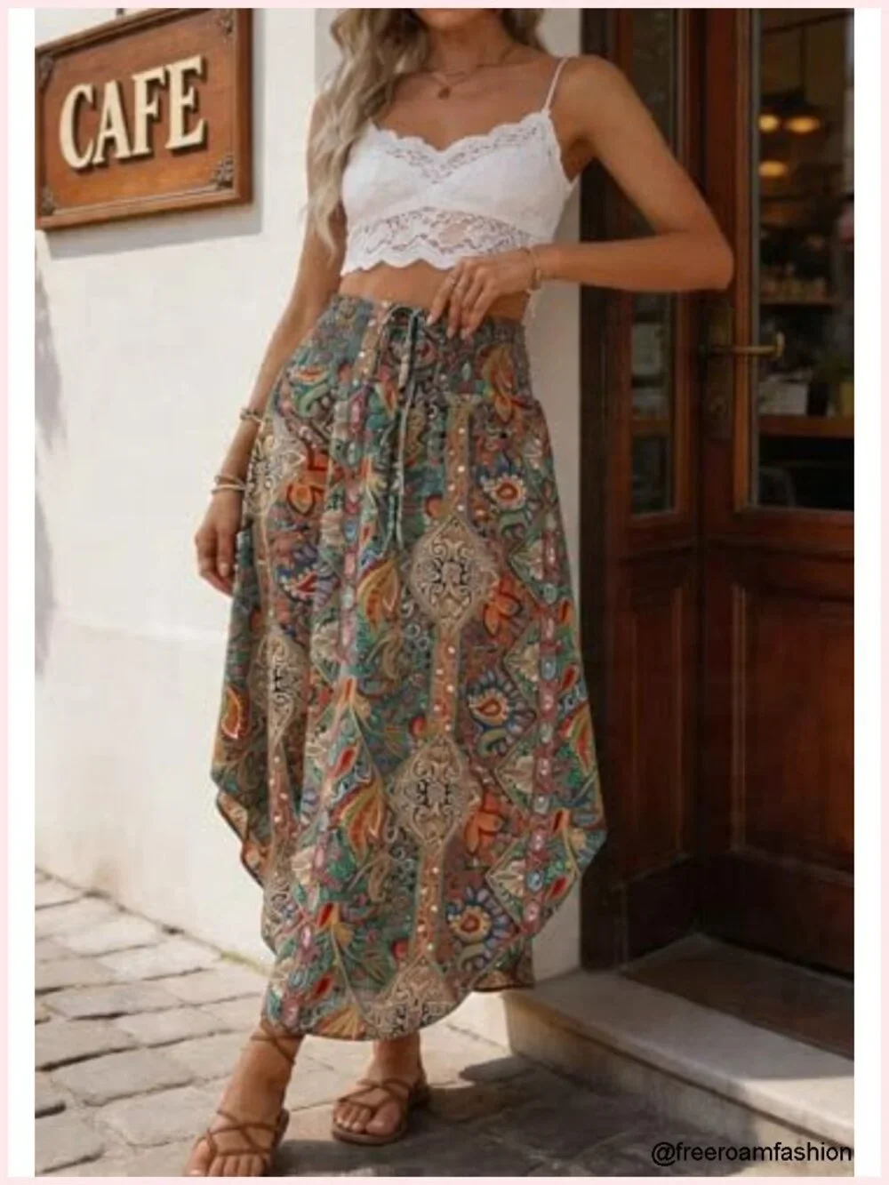 Boho Maxi Skirt High Waist Pleated Flowy A-Line Floral Summer Beach Vacation
